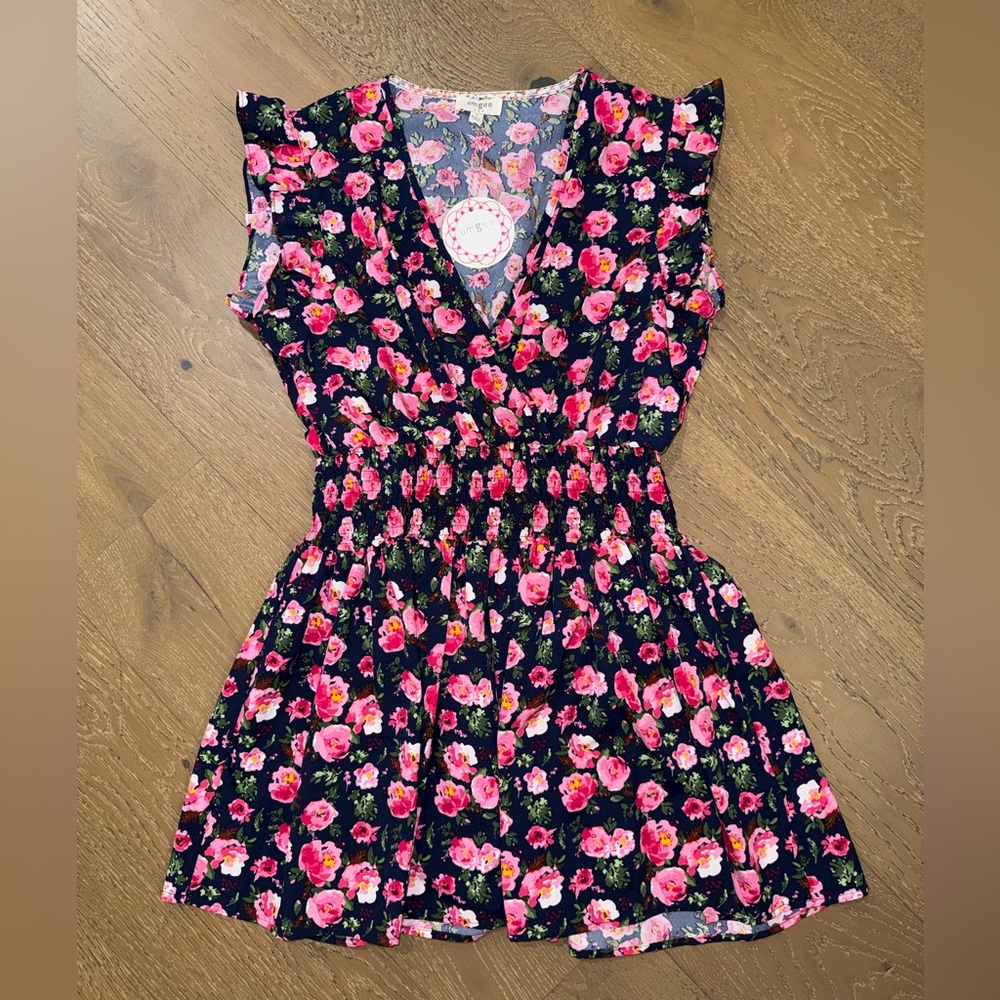 Umgee Black Floral Midi Dress‎ with Pink Roses